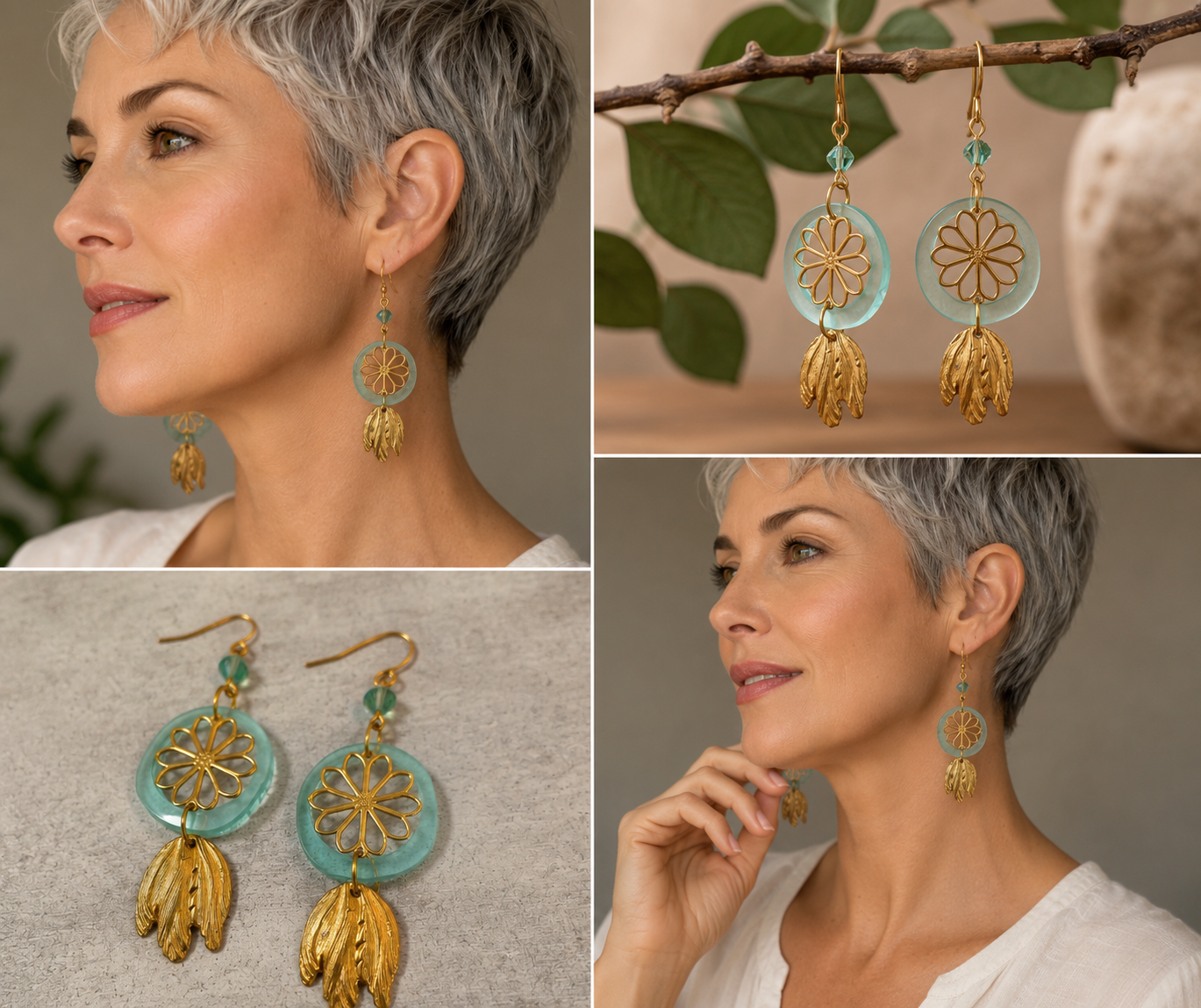 Mint Green Resin Floral Dangle Earrings | Gold Mixed Metal & Vintage Crystal Earrings