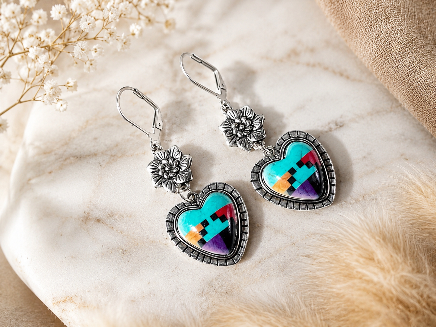 Southwestern Heart Dangle Earrings – Silver-Plated with Colorful Resin Inlay