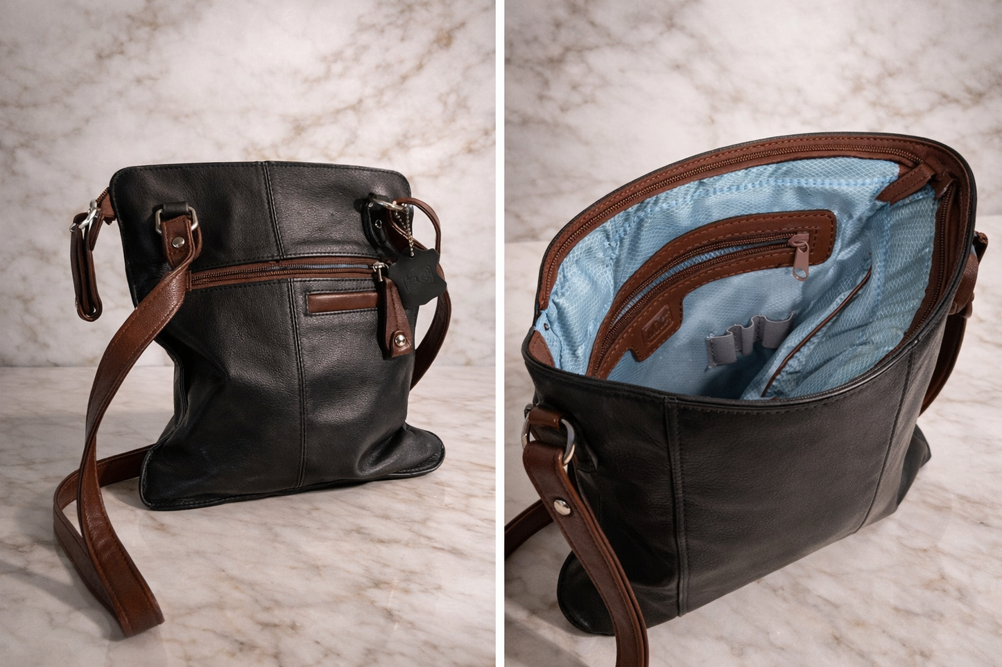 Vintage MC Leather Crossbody Bag – Black Leather Organizer Purse with Twist Pocket & Zipper Compartments
