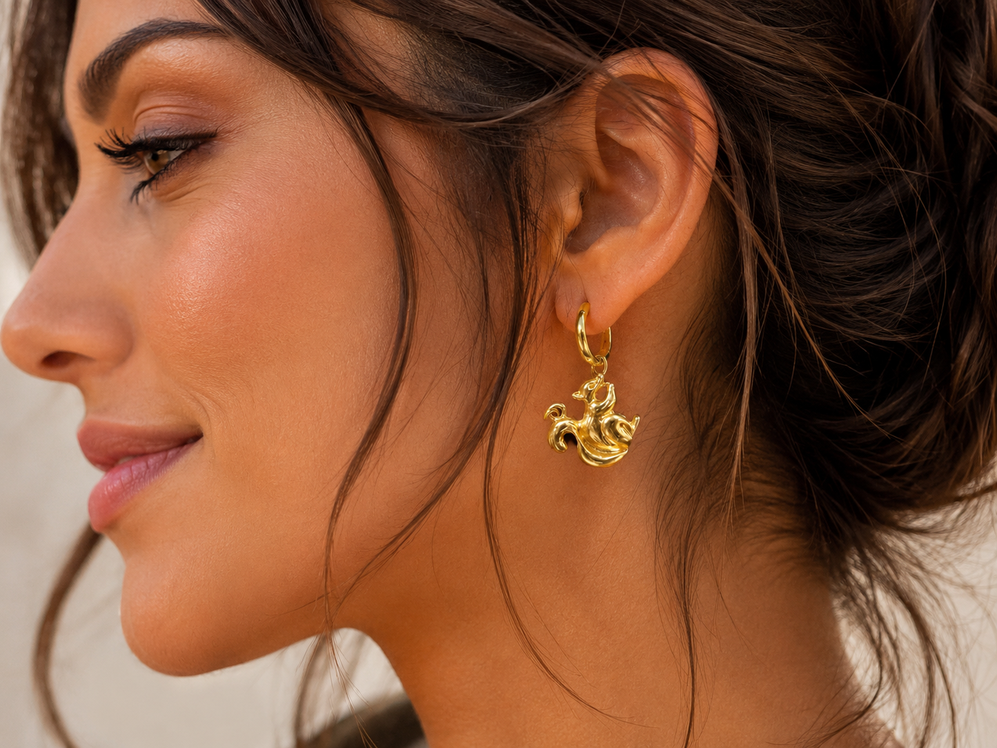 Gold Plated Squirrel Charm Hoop Earrings Small Woodland Animal Earrings