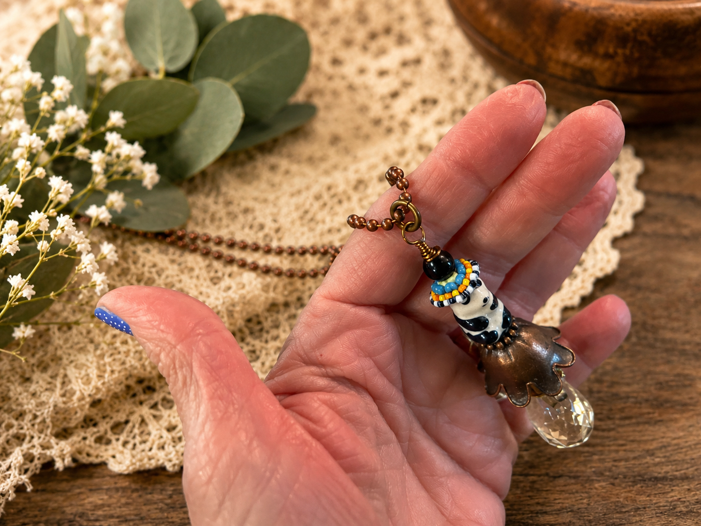 Ceramic Panda Necklace 32 Inch Copper Ball Chain with Crystal Drop Pendant