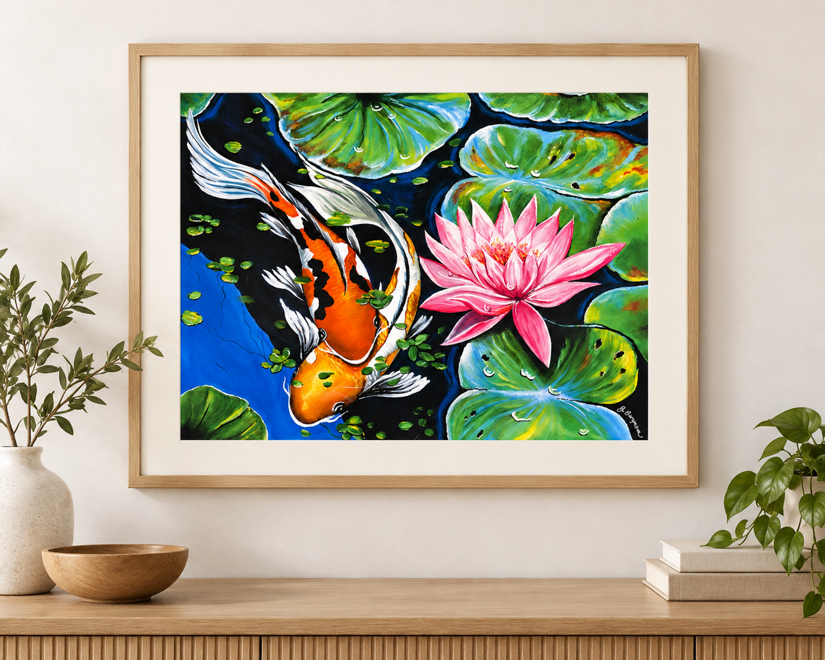 My Koi Fish & Pink Water Lily Art Print 16x20 | Fabulous Firefly