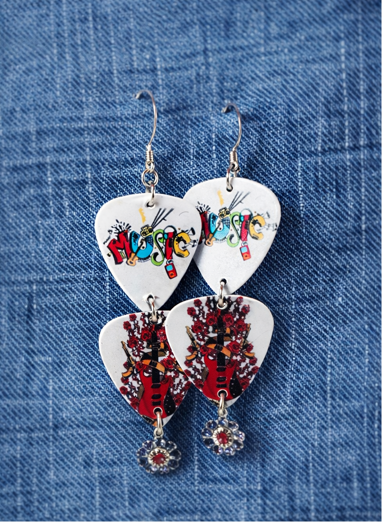 Rock & Roll Guitar Pick Earrings with Austrian Crystal Flowers