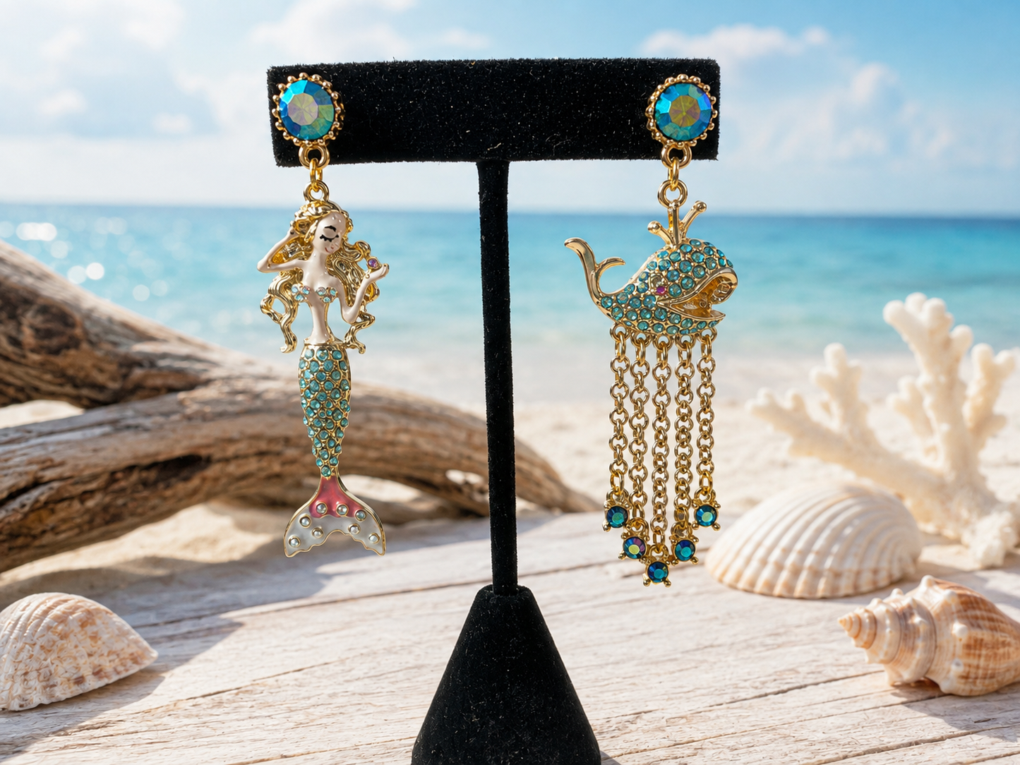 Mermaid and Whale Mismatched Earrings | Aqua Crystal Gold Statement Earrings | 2-Inch Coastal Jewelry