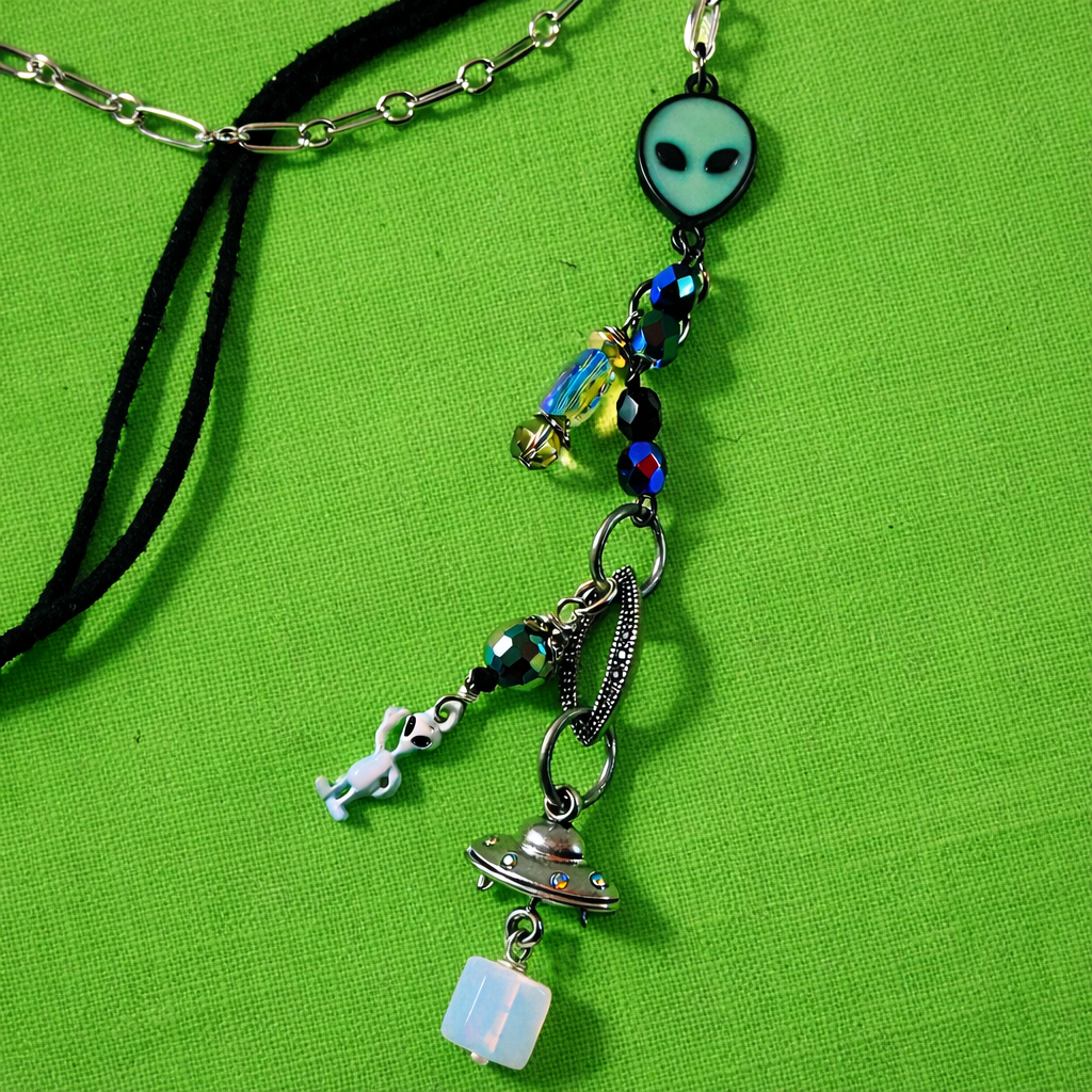 Outta This World Layered Alien Necklace Set – Dichroic Cabochon, Spaceship & Rhinestone Charms