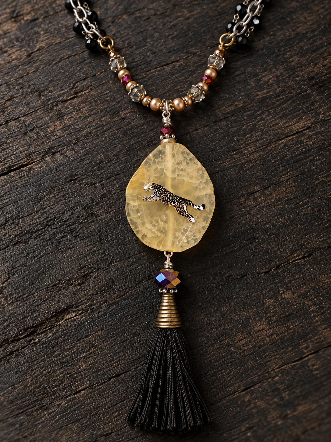 Golden Stone Leopard Pendant Necklace with Swarovski Pearls & Black Tassel