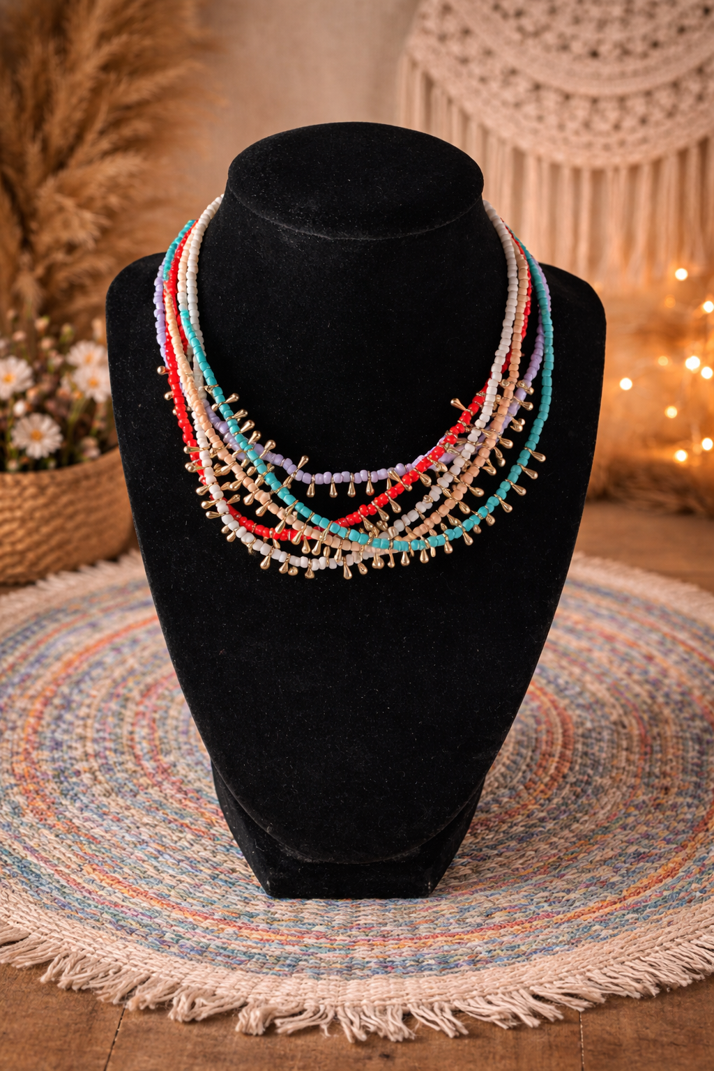 Layered Boho Beaded Necklace Set – 5 Strand Convertible Statement Necklace