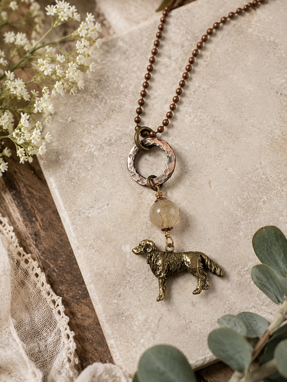 Golden Retriever Charm Necklace Adjustable 36 Inch Copper Ball Chain Dog Lover Necklace Handmade Jewelry