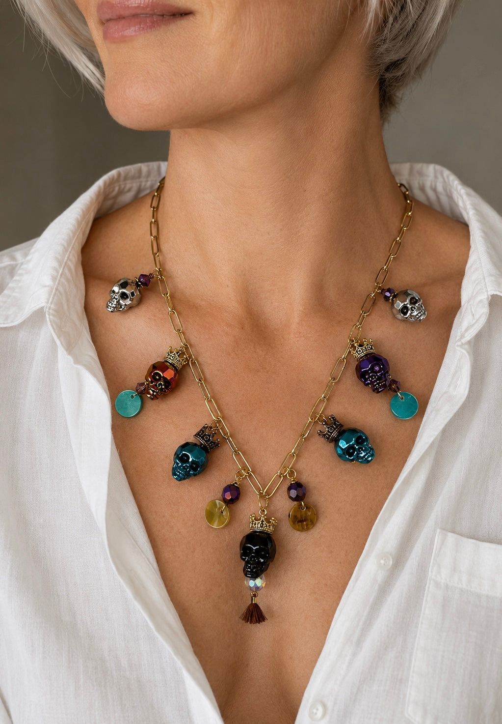 Swarovski Crystal Skull Necklace with Crowns