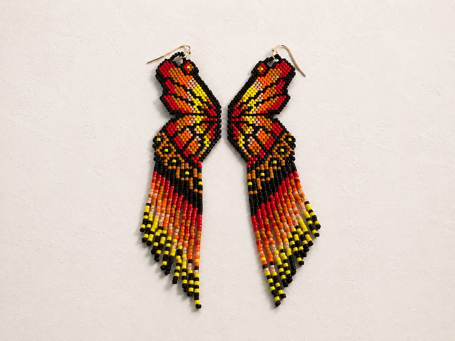 Monarch Wings Beaded Fringe Earrings | Handcrafted 4” Seed Bead Statement Earrings