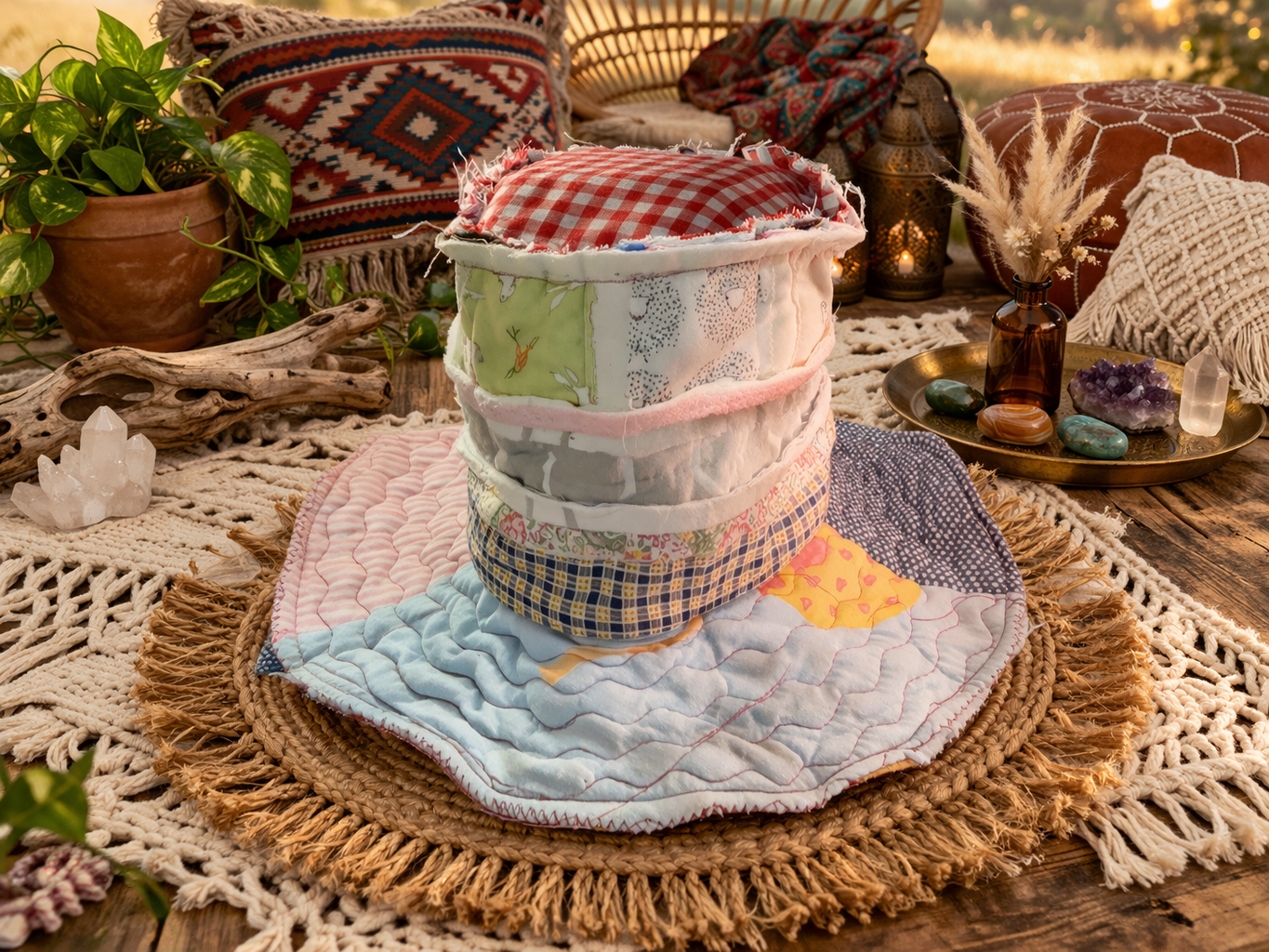 Dorothy Jean Reversible Patchwork Hat – Triple Heart Boho Wide Brim (Size Med-Sm)