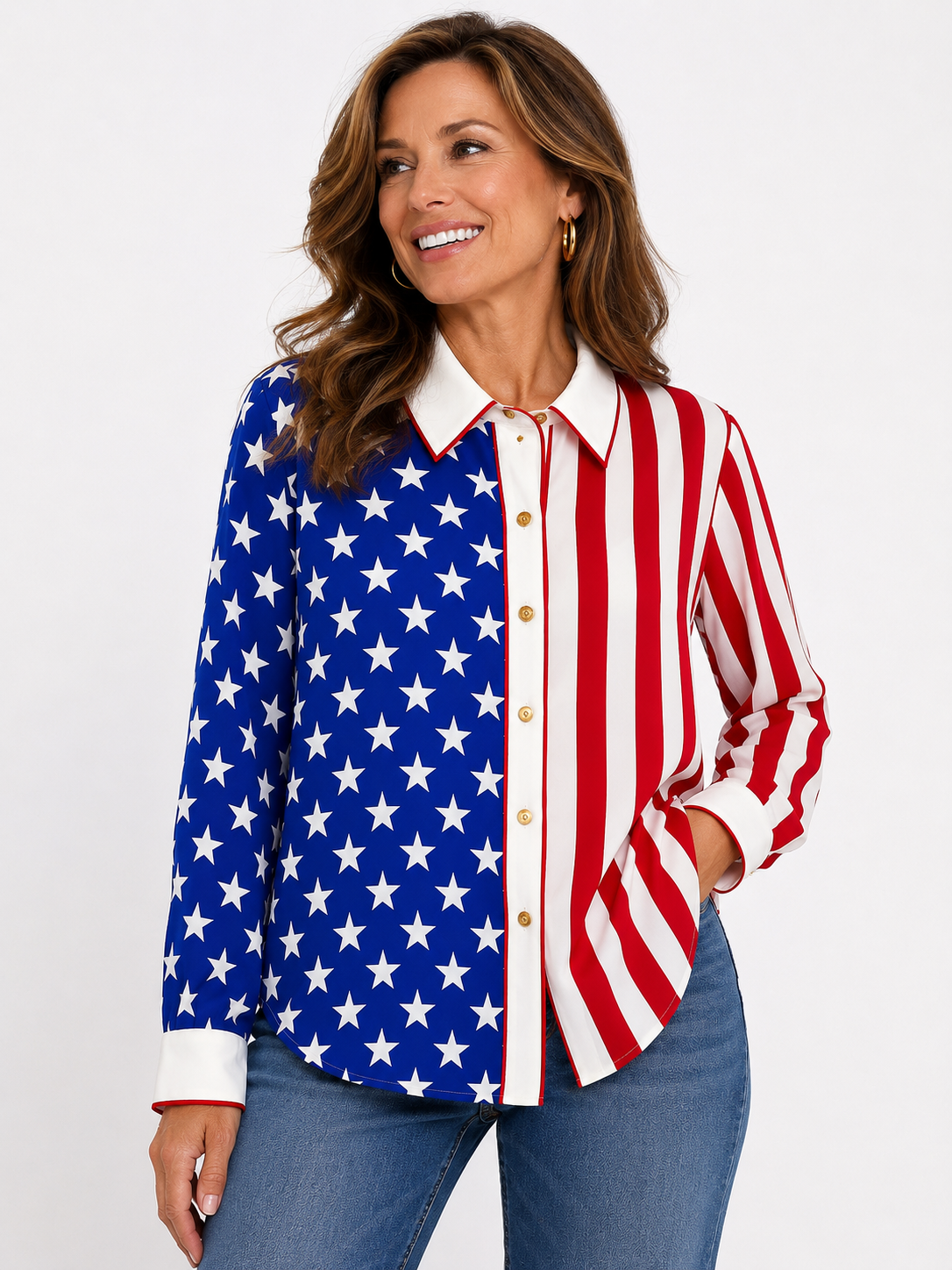 Vintage Bob Mackie Stars & Stripes Silk Shirt 1X | Wearable Art Patriotic Designer Blouse
