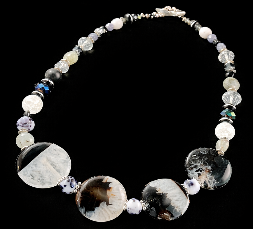 “Eclipse” Black & White Agate Necklace and Bracelet Set – Artisan Beaded Statement Jewelry