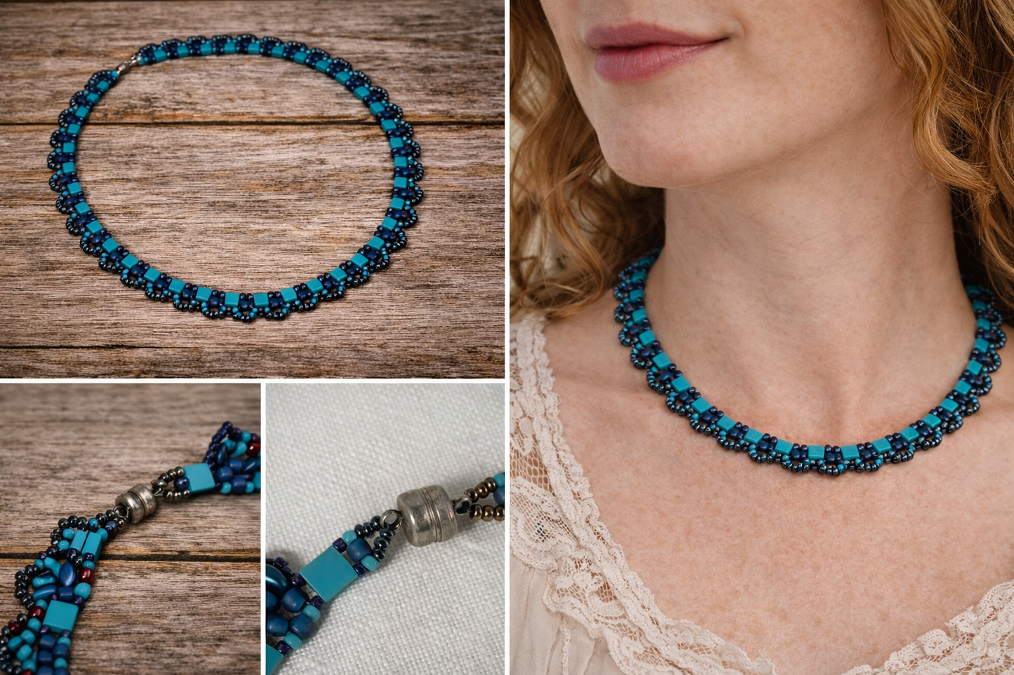 Turquoise Tila Bloom Necklace – Handwoven Beaded Statement with Magnetic Clasp (21”)