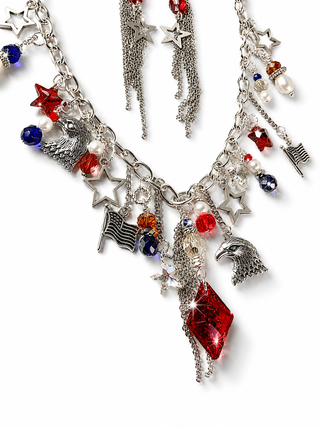 Red White & Blue Swarovski Crystal Patriotic Charm Necklace with Matching Fringe Earrings
