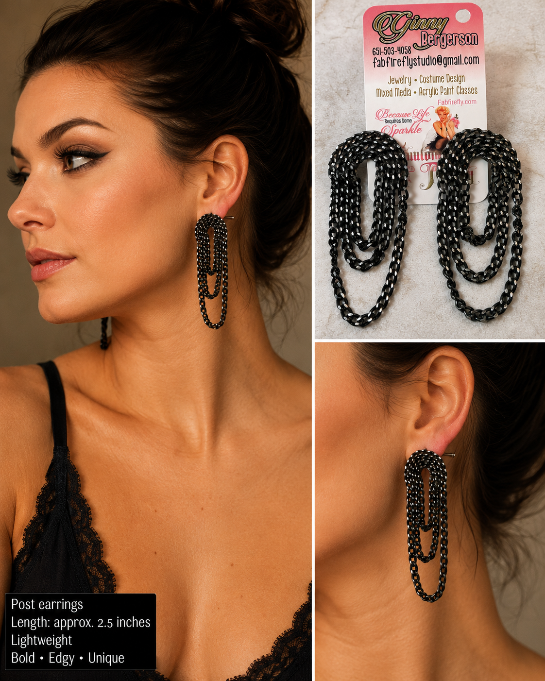 Black Chain Link Post Earrings Lightweight Aluminum 3 Inch Dangle Earrings