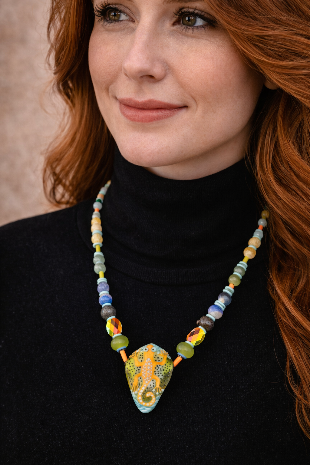 GeckoSpirit Necklace – Hand Blown Glass Pendant with Jasper, Lava & Crystal Beads – 18”