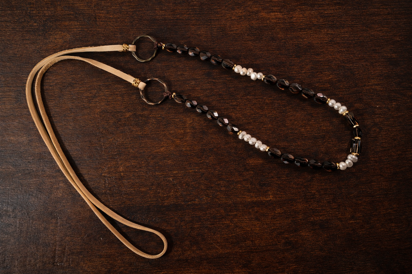 Smoky Crystal & Pearl Deerskin Lariat Necklace – Rustic Luxe Statement Drop