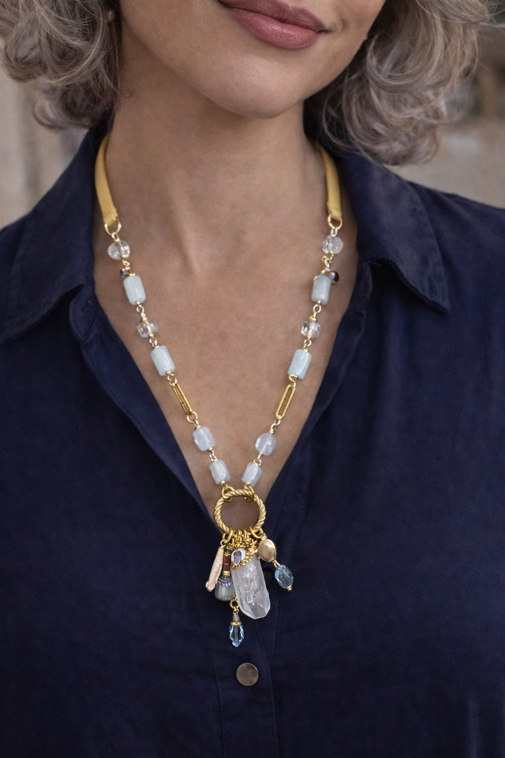 Aquamarine Quartz & Crystal Charm Necklace – 36” Deerskin