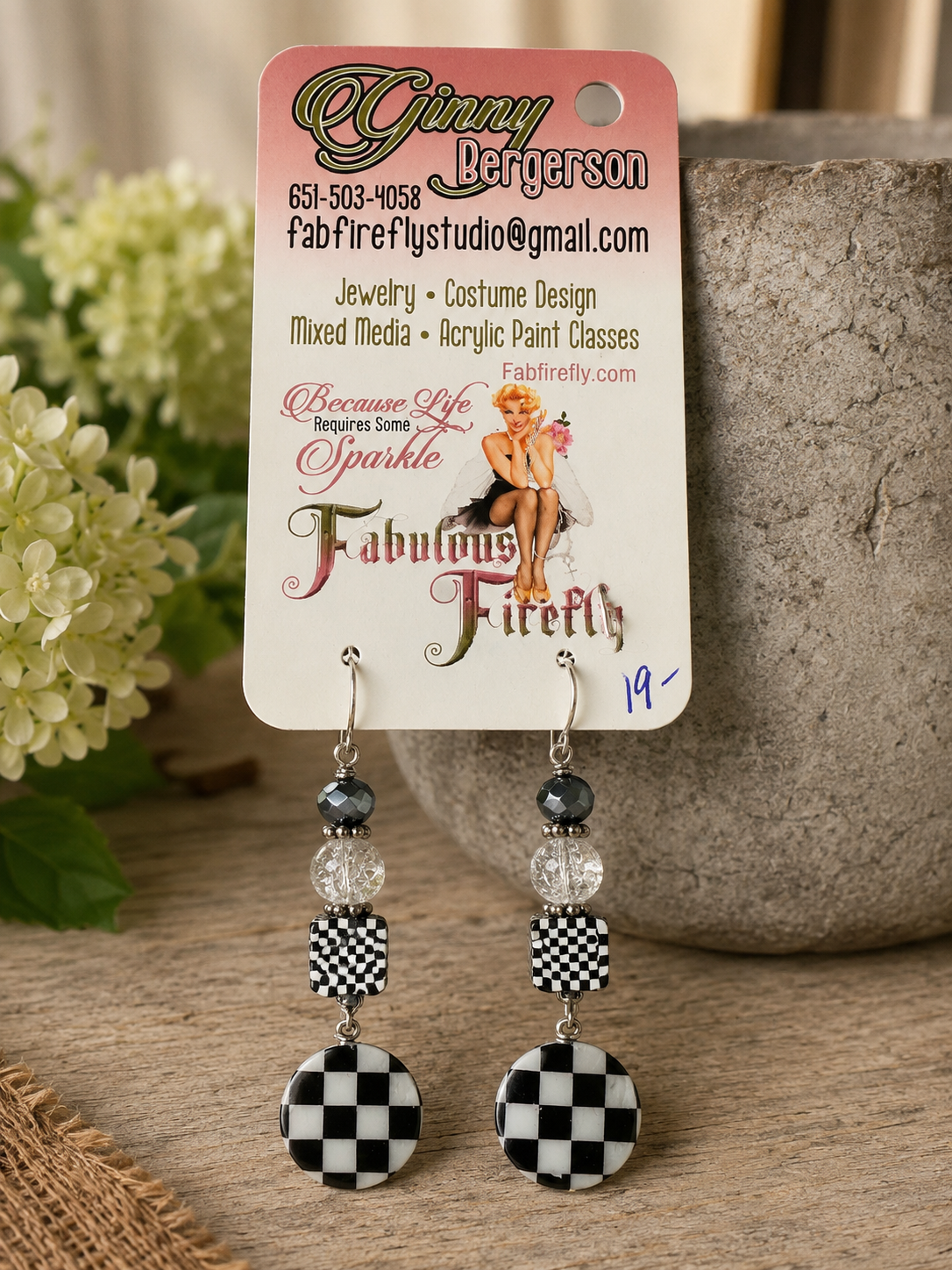 Black and White Checkered Dangle Earrings | Handmade Statement Earrings with Crystal Beads