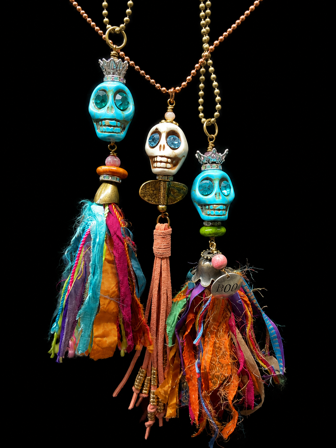 Boho Skull Tassel Necklace – Resin Skull with Crystal Eyes, Crown & Silk Tassel – Choose Your Color