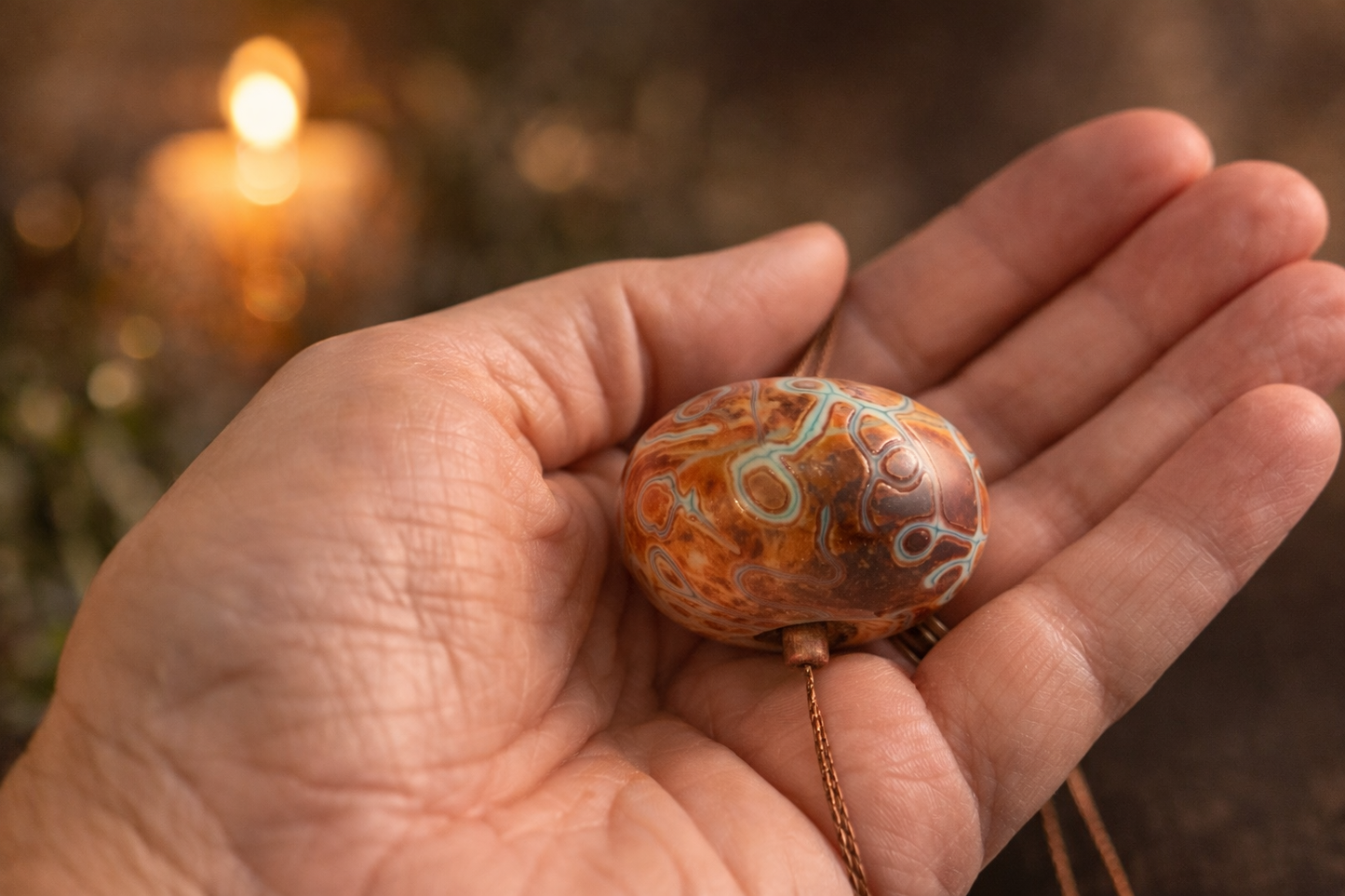Artisan Lampwork Glass Slider Necklace – Hand Blown Glass Bead with Natural Stone Dangle Accents