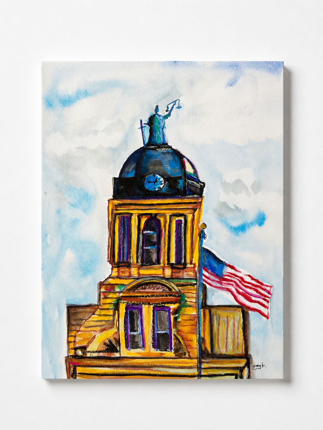 Lady Justice Over Mankato – Original Watercolor & Soft Pastel Courthouse Painting