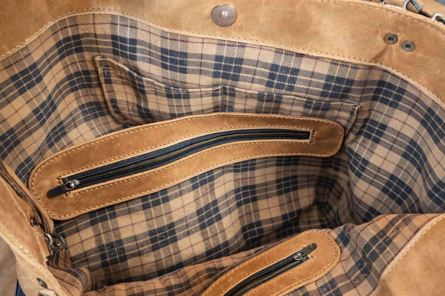 Hide & Drink Distressed Leather Tote with Plaid Interior & Artisan Charm
