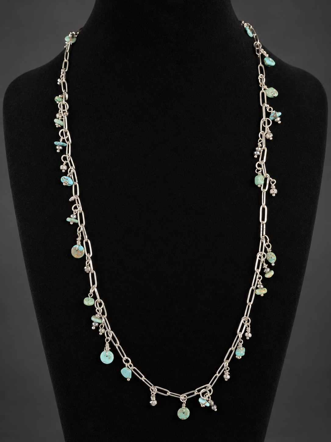 Turquoise & Metal Bead Paperclip Chain Necklace – 28 Inches