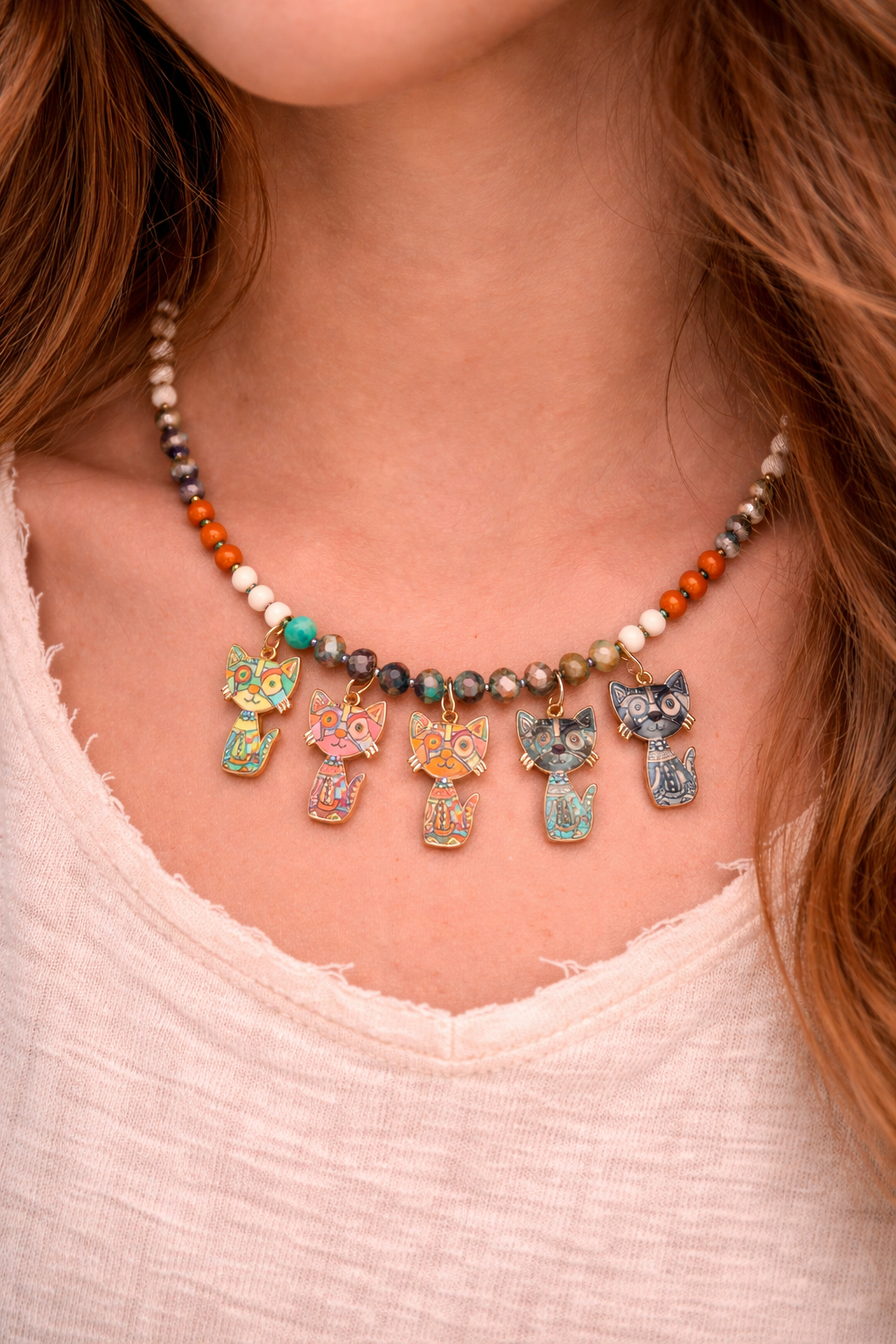 Holi Cats!!! Cat Charm Necklace with Colorful Beads – Boho Artisan Statement | 18” Length