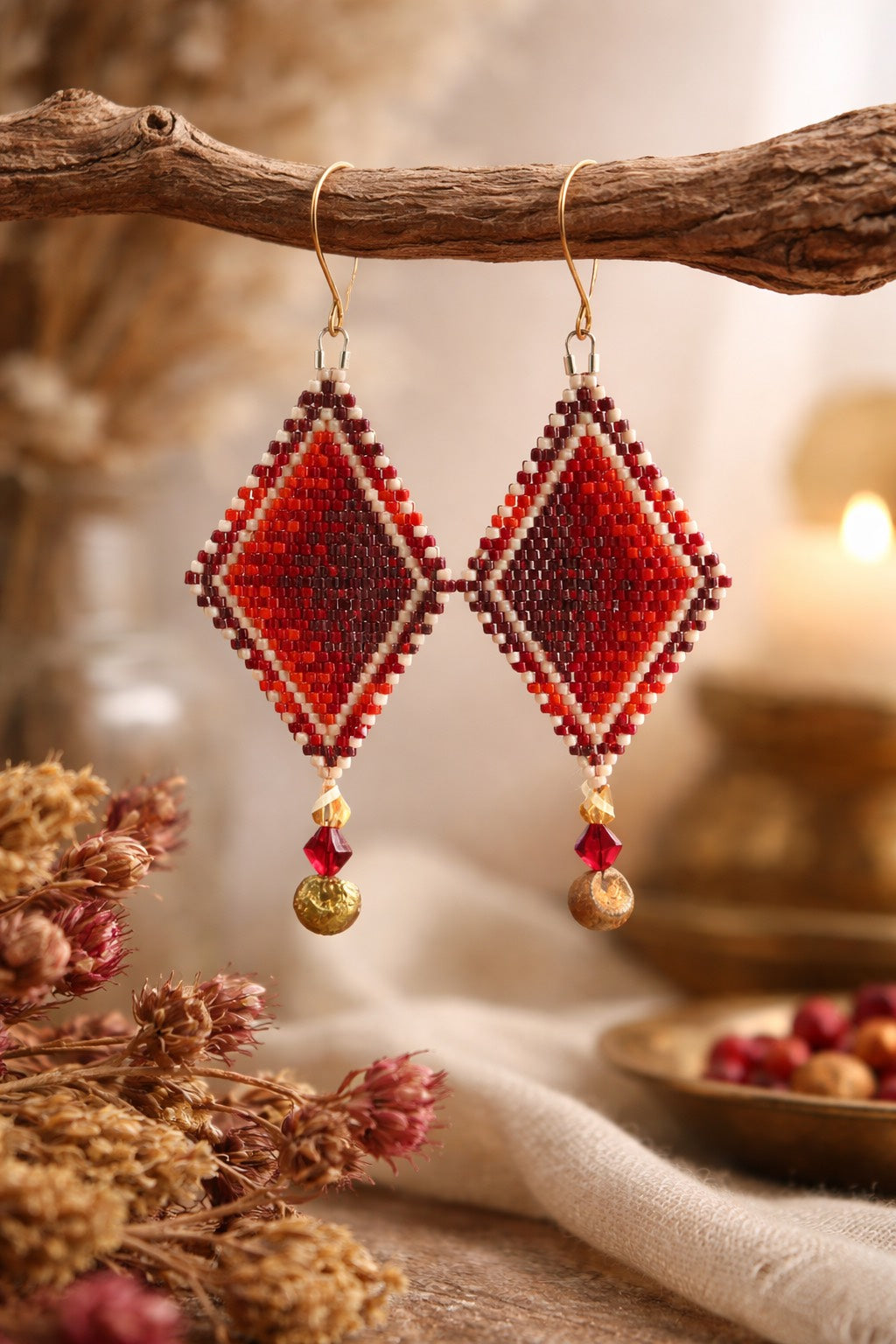 Crimson Dusk Diamond Peyote Stitch Earrings