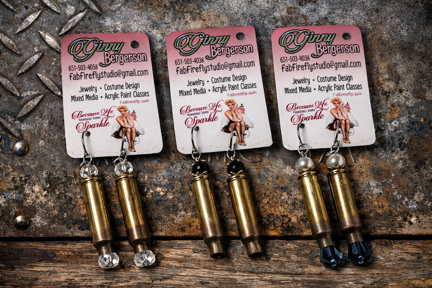 Handmade Bullet Casing Earrings – Recycled Brass Rifle Shell Jewelry with Crystal & Pearl Drops