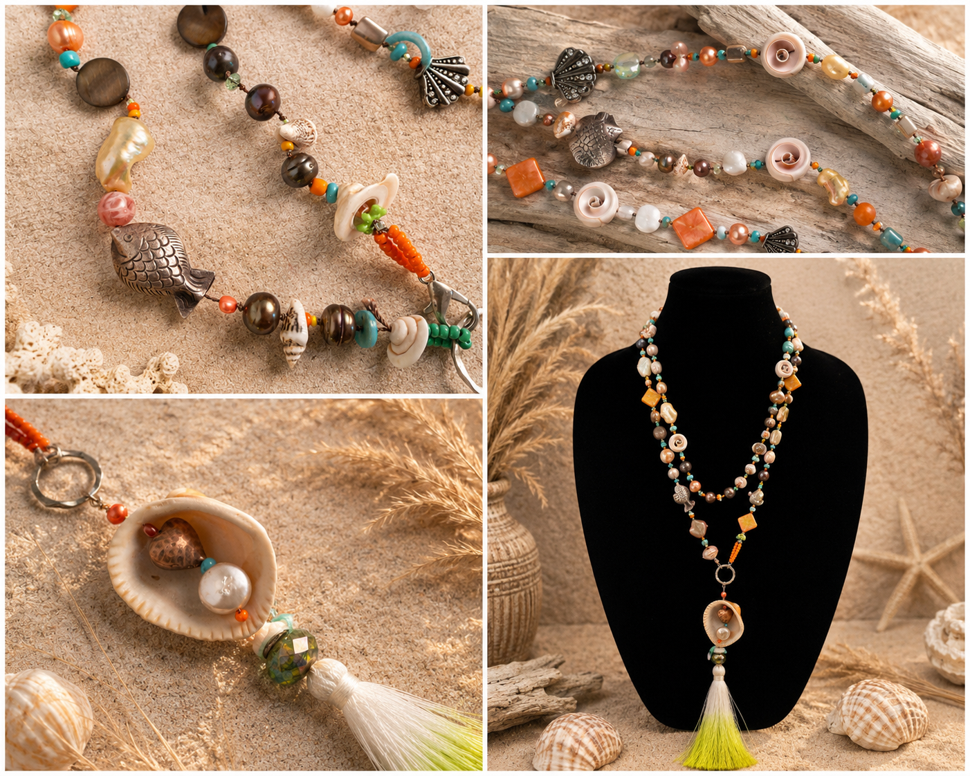 Hand-Knotted Silk Shell Necklace with Removable Tassel Pendant | Convertible Coastal Statement Necklace