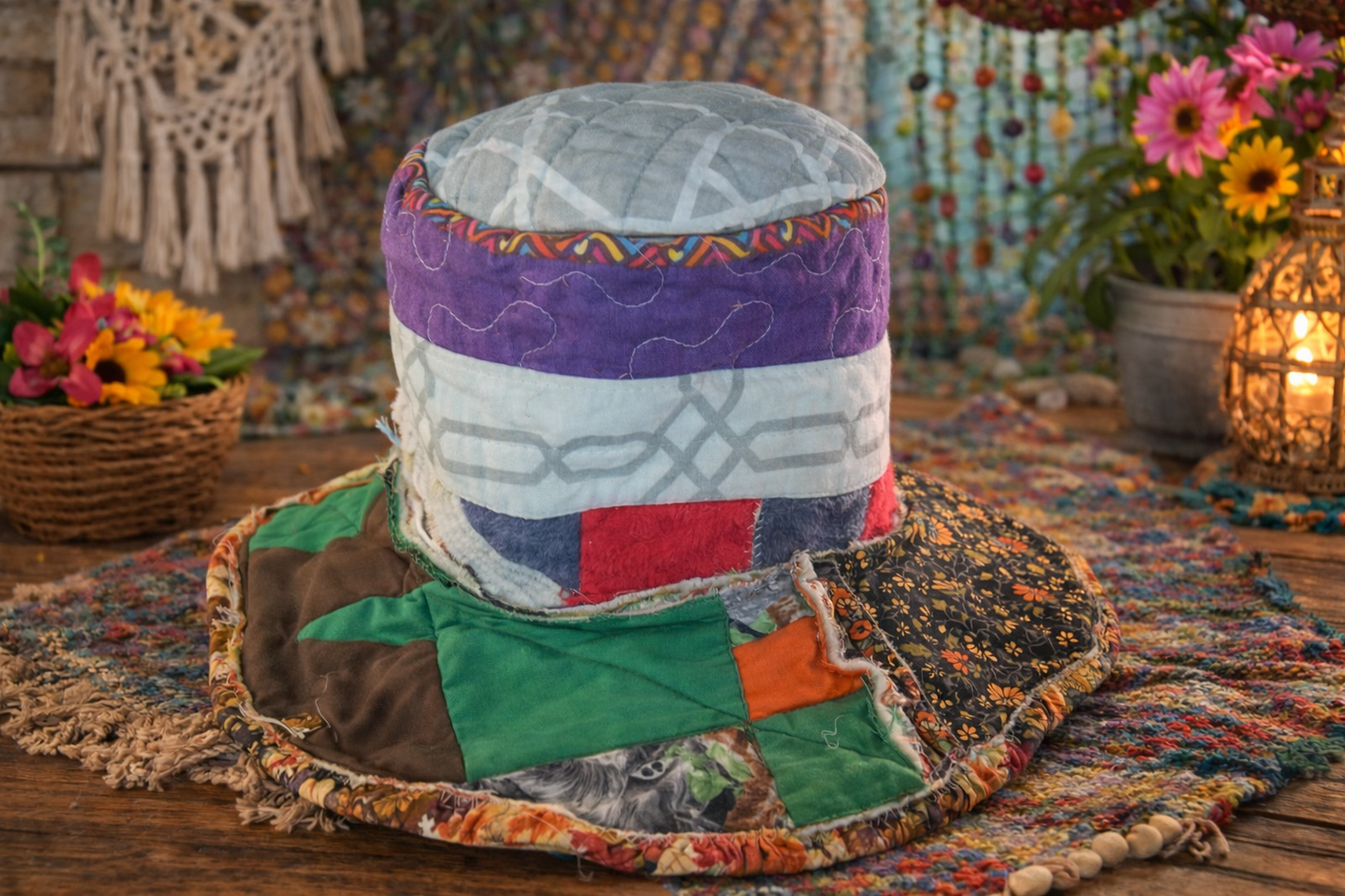 Dorothy Jean Tall Patchwork Boho Hat – REVERSIBLE Moldable Wire Brim – Large 23” Head