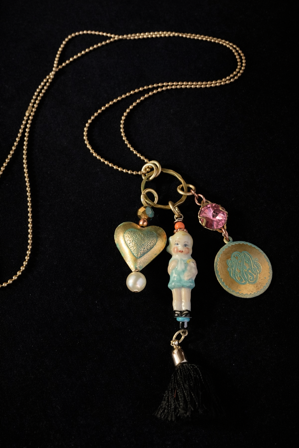 Vintage Charm Doll Tassel Necklace – 34” Gold Ball Chain Statement Necklace