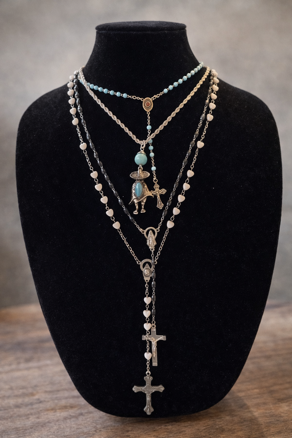 Desert Faith Layered Necklace Set – 4 Vintage Rosary & Southwestern Charm Necklaces with Turquoise, Hearts & Crosses