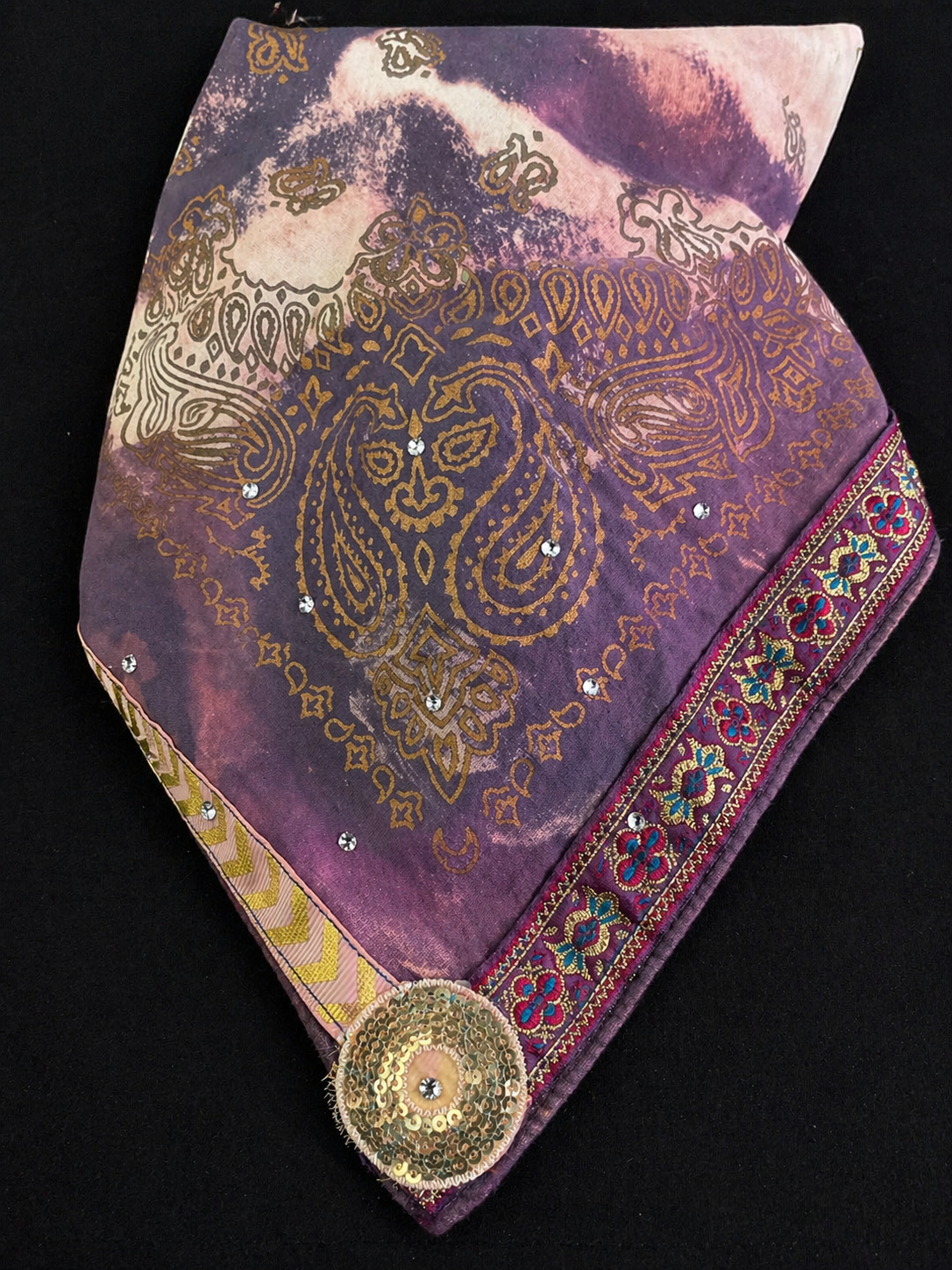Boho Luxe Embellished Bandana – Silk Ribbon & Sequin Medallion Scarf (20”)