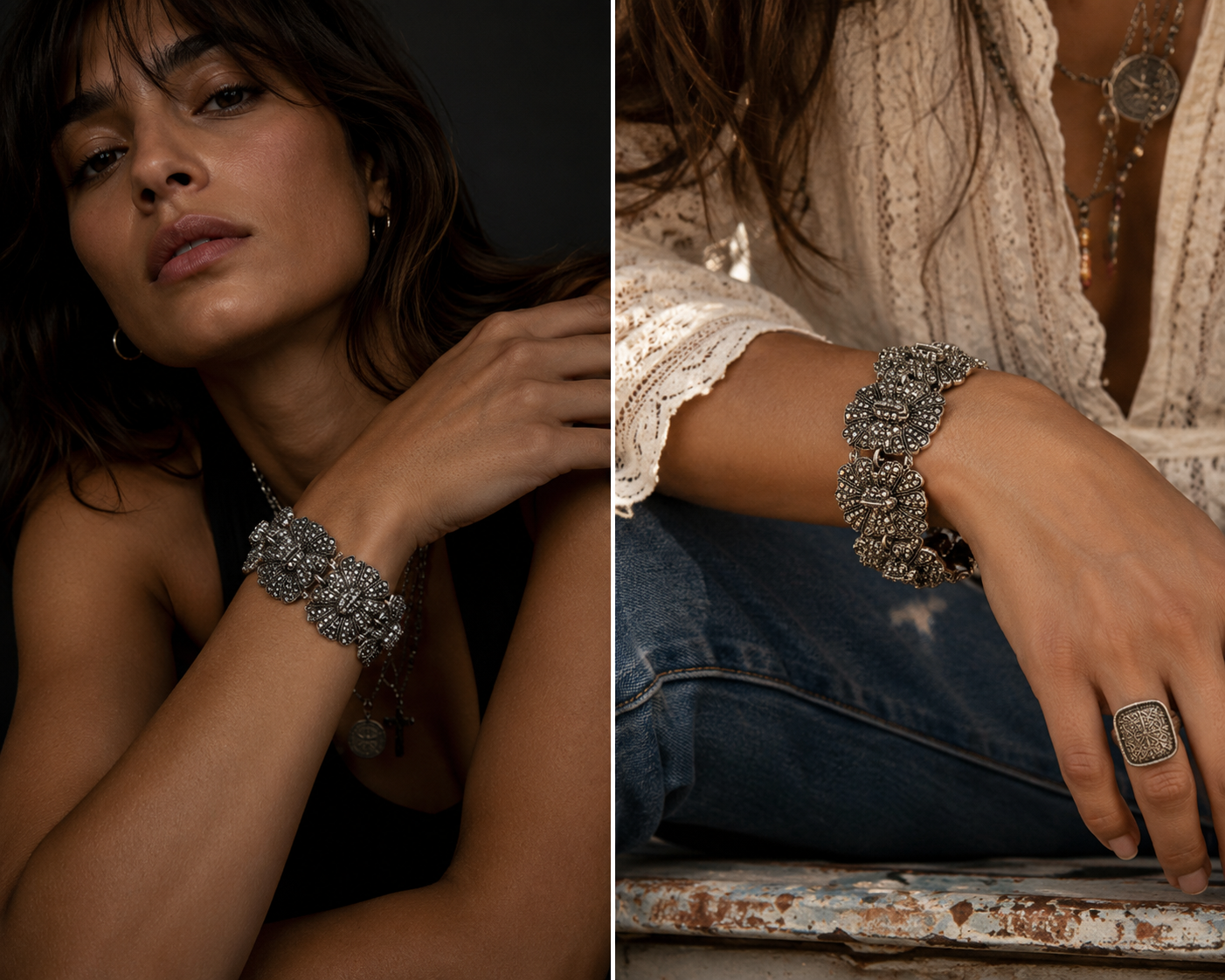 Vintage Silver Floral Statement Bracelet – Adjustable Boho Flower Cuff