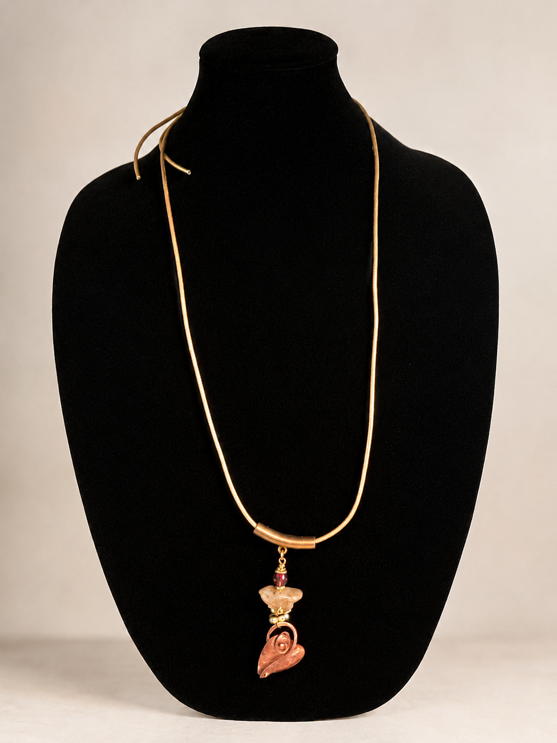 Adjustable Gold Leather Necklace with Copper Heart Pendant, Bird Glass Bead & Crystal Accent