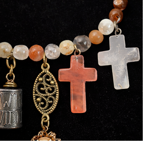 Sacred Story Charm Necklace – African Beads, Jasper, Turquoise Bear & Cross Charms (20”)