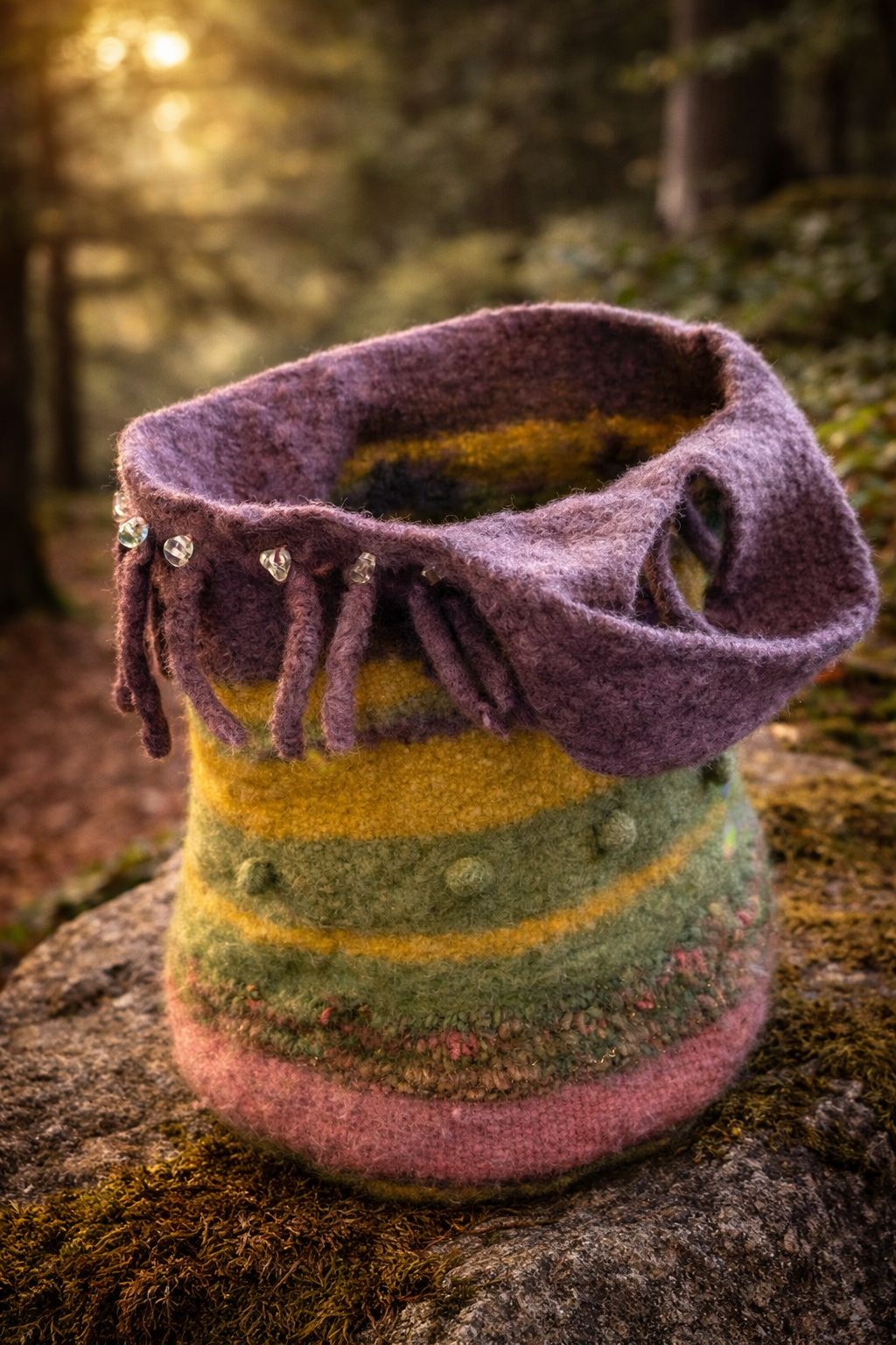 Bohemian Felted Wool Handbag – Handmade Shrunken Wool Bucket Bag with Beaded Fringe Handle