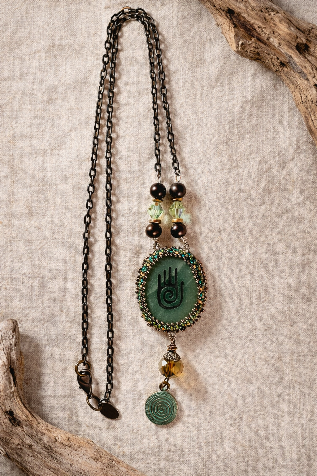 Spirit Hand Malachite Bead Embroidered Pendant Necklace