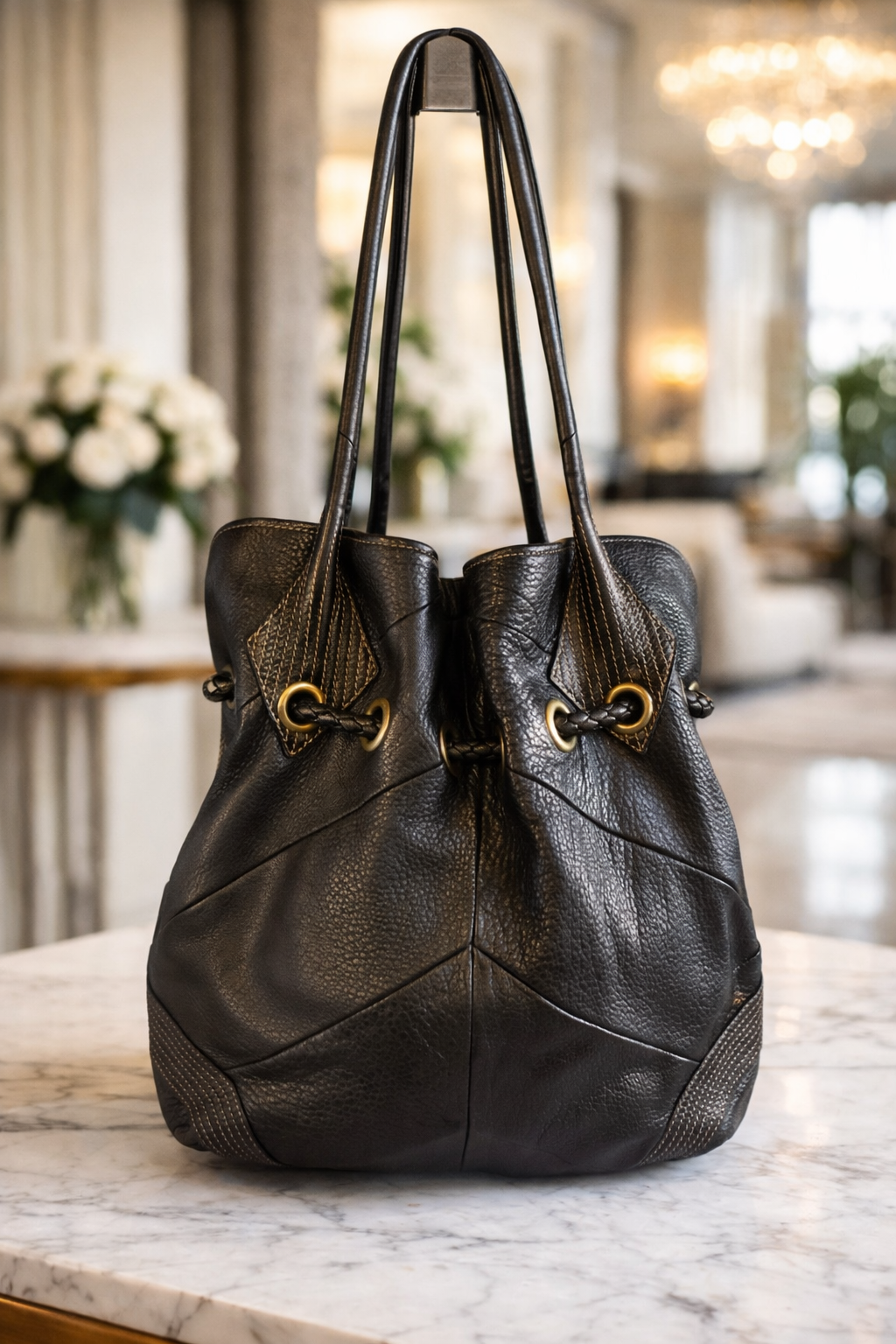 Black Leather Drawstring Bucket Bag with Braided Tassels – Multi Pocket Boho Everyday Purse