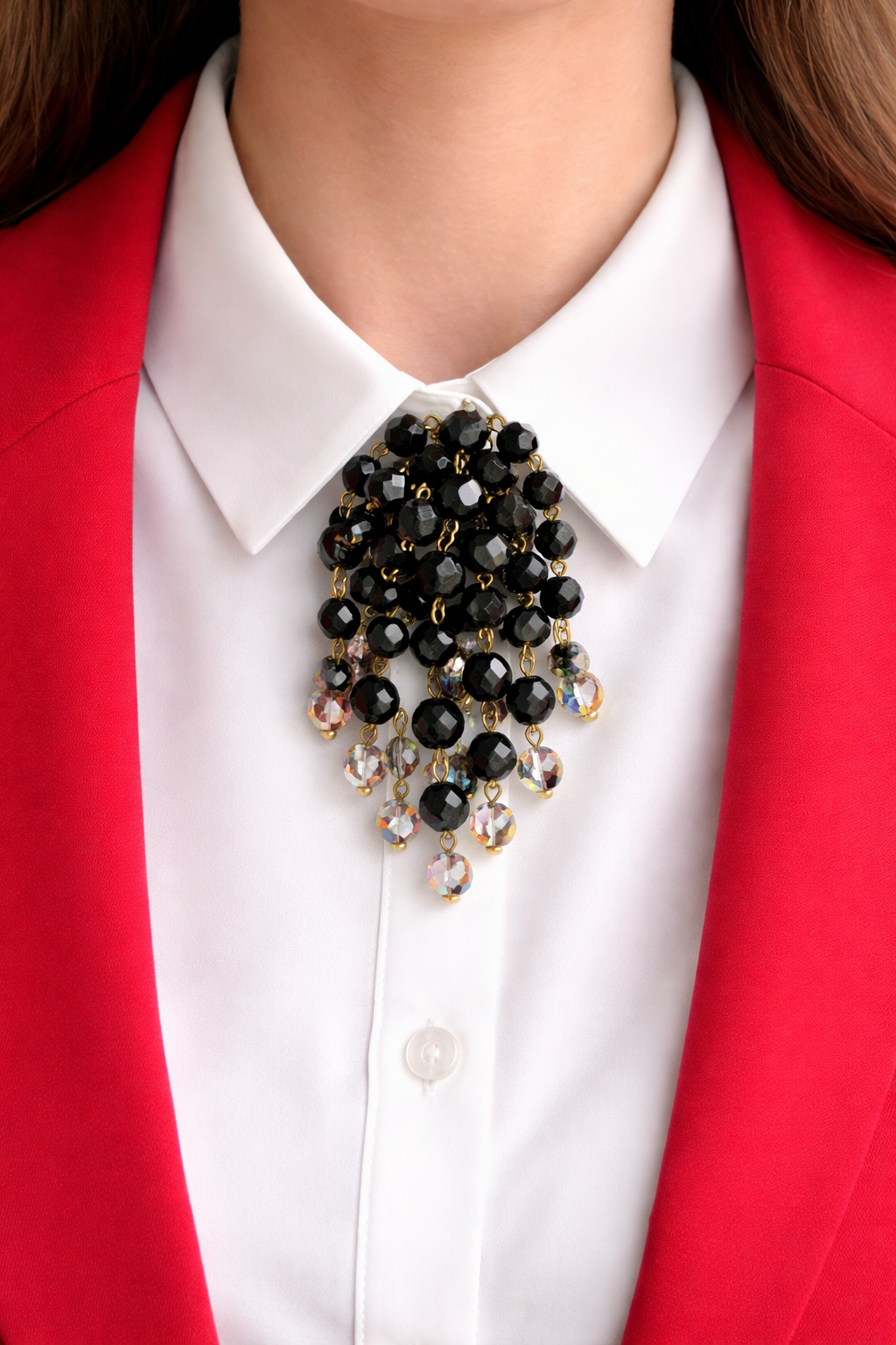 Vintage Black & Aurora Borealis Crystal Brooch – Cascading Cluster Pin