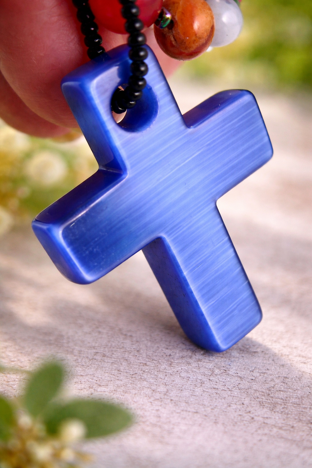 Blue Banded Agate Cross Necklace – Mixed Gemstone Beads, 18” Statement Faith Necklace