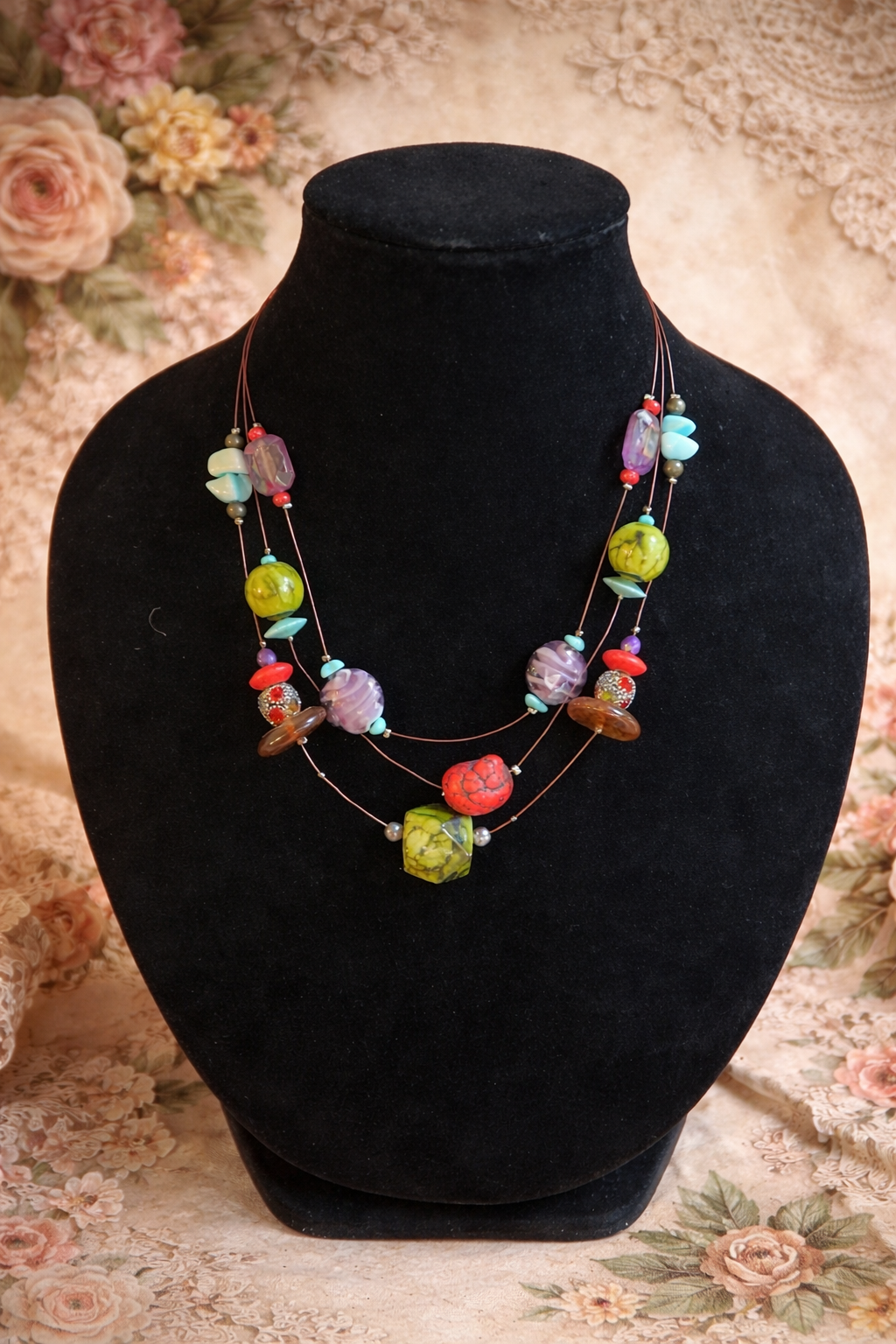 Vintage Multi-Strand Beaded Statement Necklace – Eclectic Adjustable 18”