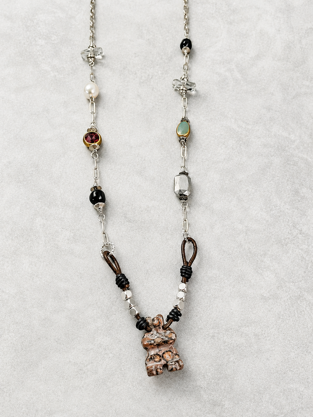 Handmade Courage Bear Necklace | Paperclip Chain, Swarovski Crystals, Pearls & Leather | 32 Inch Necklace