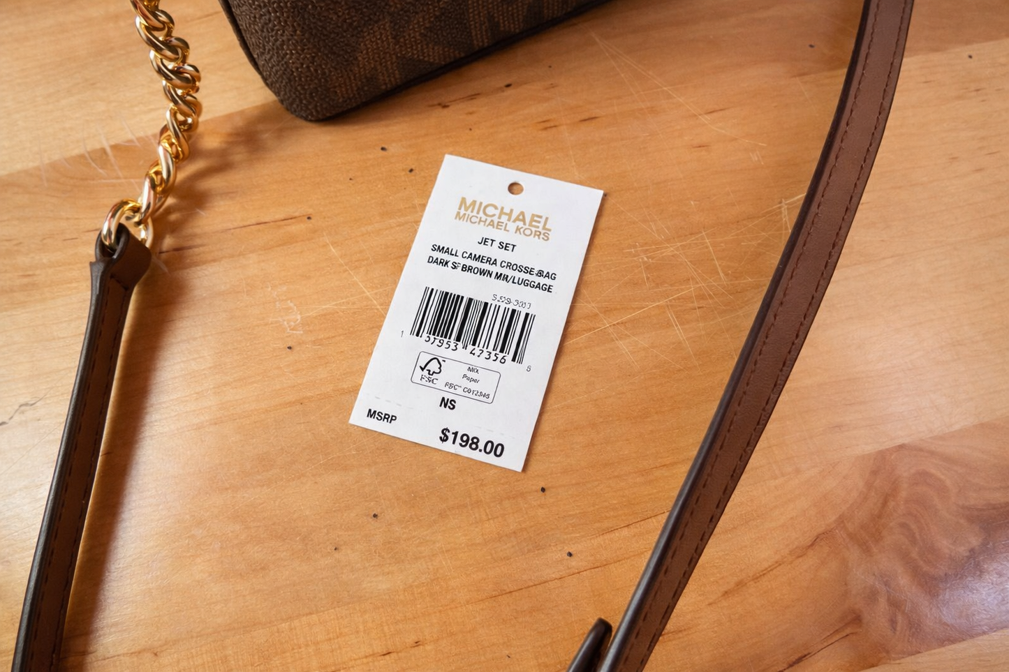Michael Kors Jet Set Mini Crossbody Phone Bag – Brown MK Monogram with Gold Chain