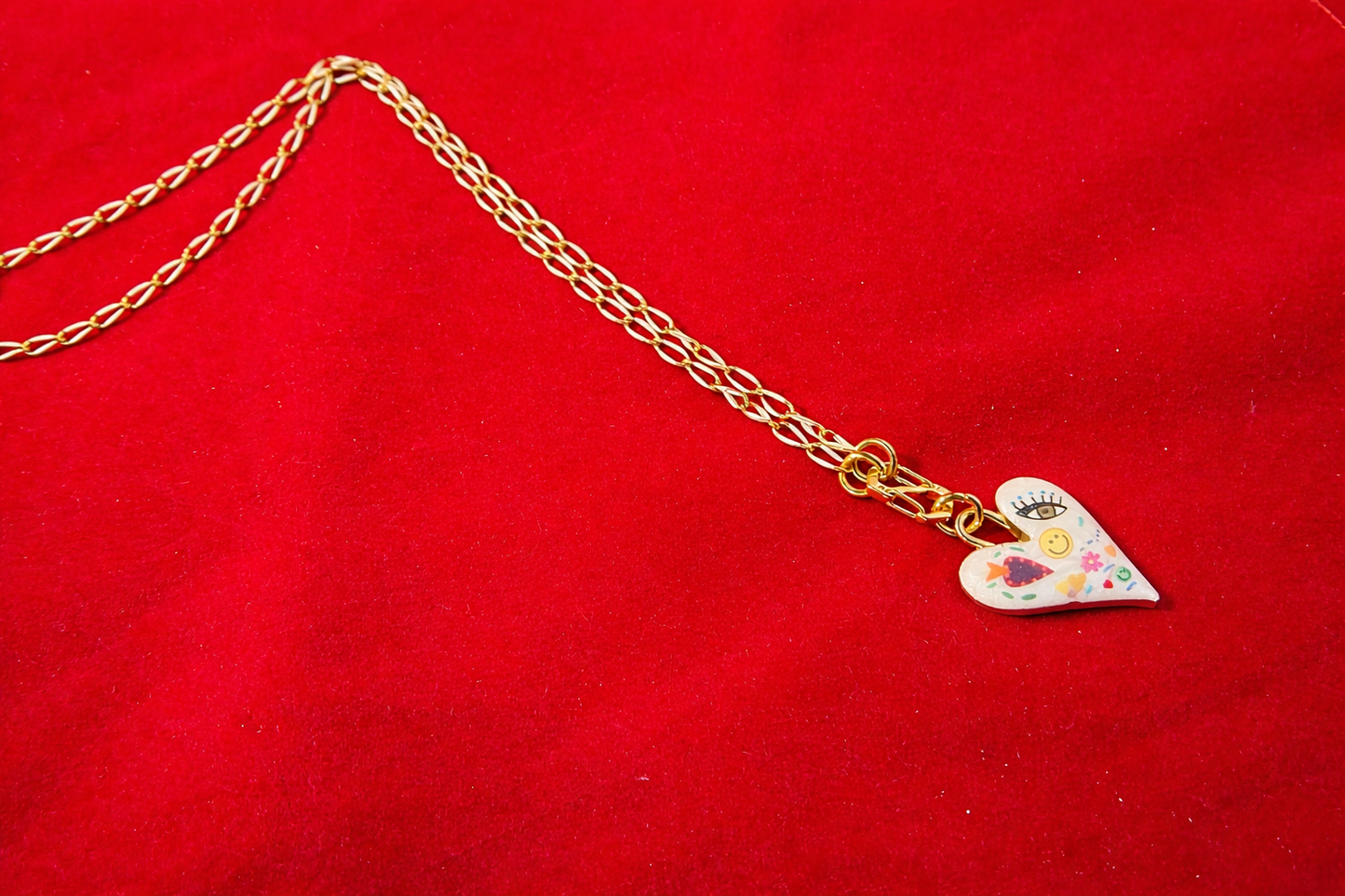 Whimsical Enamel Heart Necklace – Playful Art Charm on 20” Gold Chain