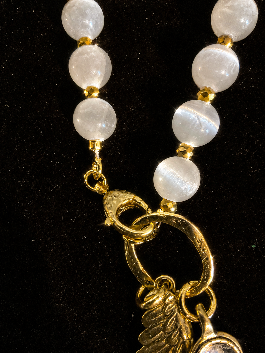17” Selenite Necklace with Gold-Plated Angel Wing & Swarovski Crystal